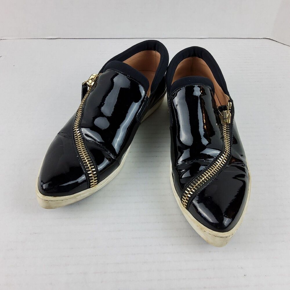 Furla Women's Patent Pointed Toe Zipper Sneakers Shoes Black Size 36.5